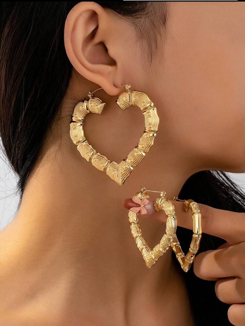 Gold Heart-Shaped Bamboo Hoop Earrings - Women Jewelry